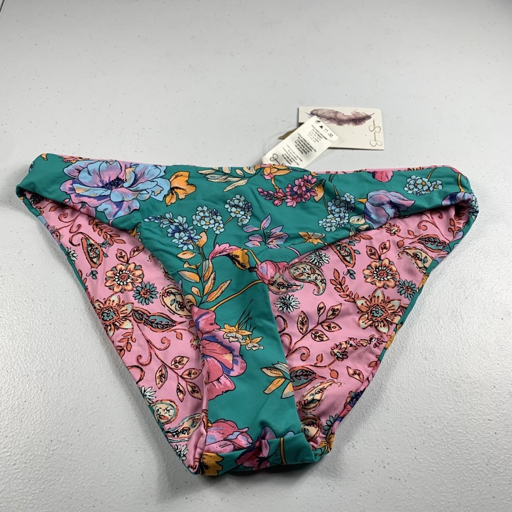 Jessica Simpson Womens Reversible Bikini Swim Bottoms Small Pink Teal Floral NWT